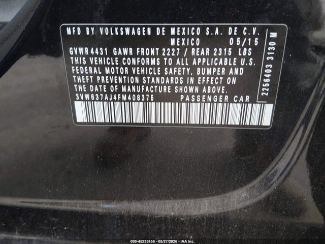 2015 Volkswagen Jetta Hybrid Sel Premium მანქანა იყიდება აუქციონზე, vin: 3VW637AJ4FM408375, აუქციონის ნომერი: 45233456