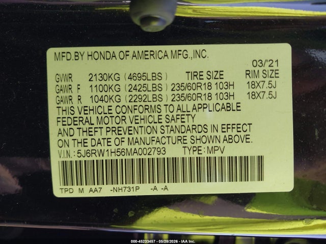 Продажа на аукционе авто 2021 Honda Cr-v 2wd Ex, vin: 5J6RW1H56MA002793, номер лота: 45233457