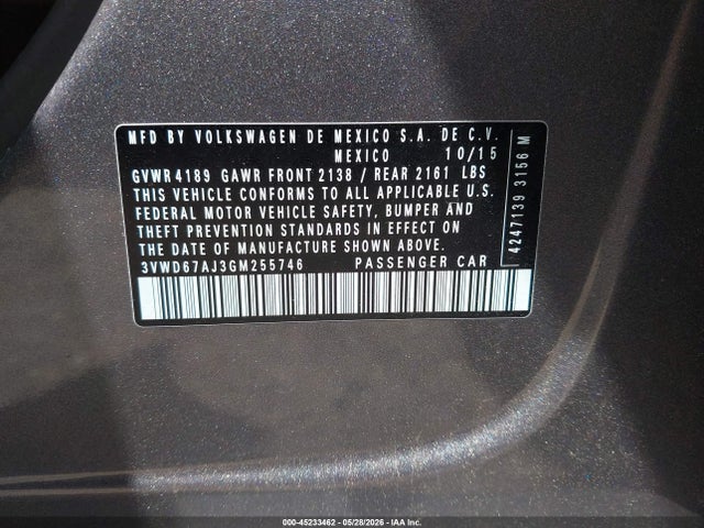 Aukcja sprzedaży 2016 Volkswagen Jetta 1.4t Se, vin: 3VWD67AJ3GM255746, numer aukcji: 45233462
