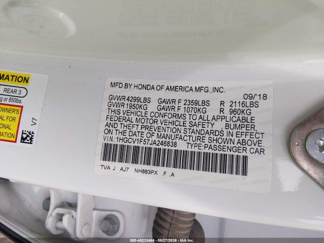 Aukcja sprzedaży 2018 Honda Accord Ex-l, vin: 1HGCV1F57JA246838, numer aukcji: 45233464