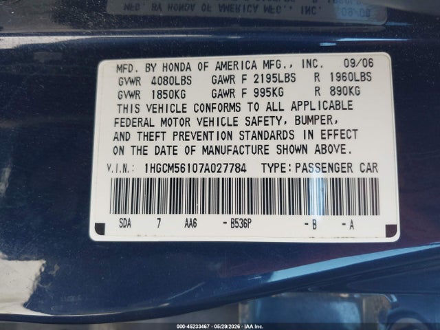 45233467 :رقم المزاد ، 1HGCM56107A027784 vin ، 2007 Honda Accord 2.4 Vp مزاد بيع