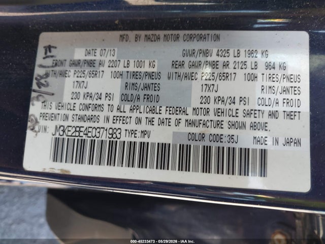 45233473 :رقم المزاد ، JM3KE2BE4E0371983 vin ، 2014 Mazda Cx-5 Sport مزاد بيع