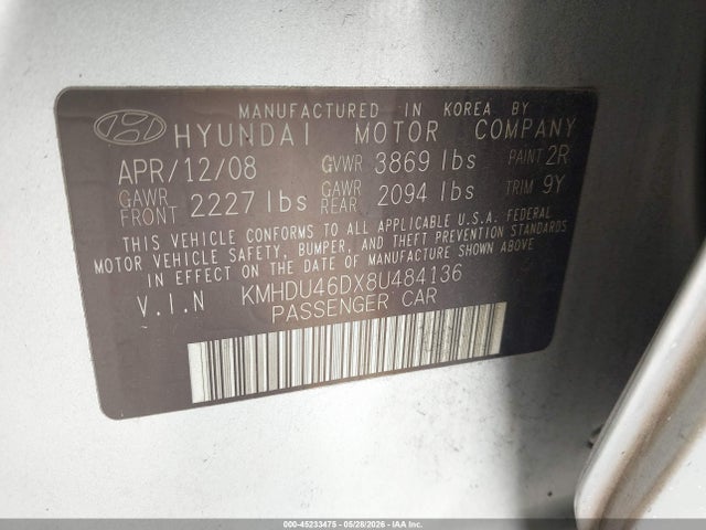 Aukcja sprzedaży 2008 Hyundai Elantra Gls/se, vin: KMHDU46DX8U484136, numer aukcji: 45233475
