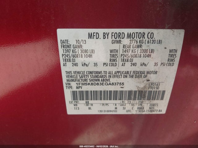 45233482 :رقم المزاد ، 1FM5K8D83EGA83755 vin ، 2014 Ford Explorer Xlt مزاد بيع