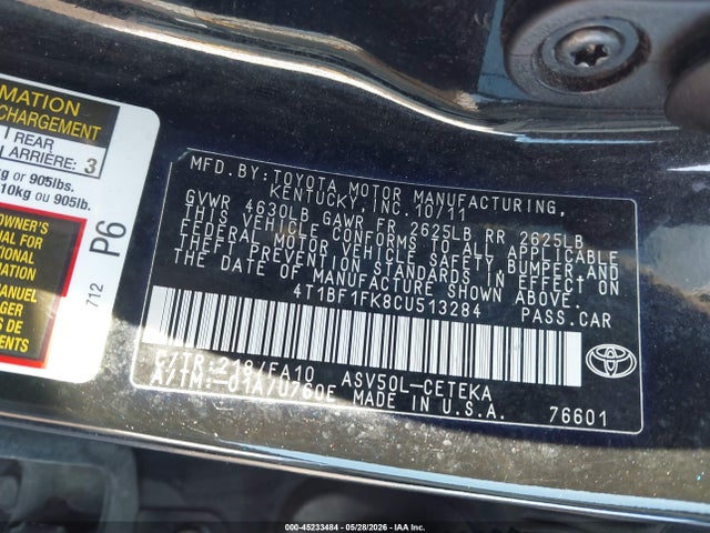 45233484 :رقم المزاد ، 4T1BF1FK8CU513284 vin ، 2012 Toyota Camry L مزاد بيع