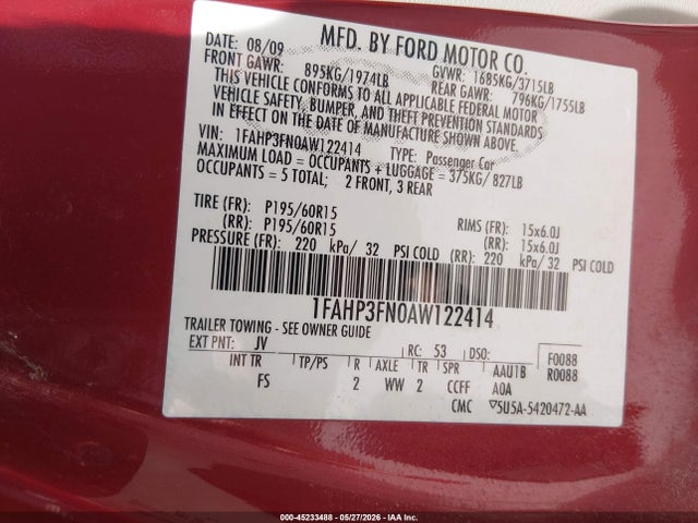 2010 Ford Focus Se მანქანა იყიდება აუქციონზე, vin: 1FAHP3FN0AW122414, აუქციონის ნომერი: 45233488