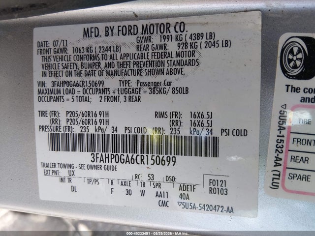 45233491 :رقم المزاد ، 3FAHP0GA6CR150699 vin ، 2012 Ford Fusion S مزاد بيع