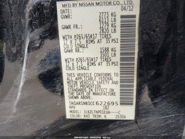 45233492 :رقم المزاد ، 5N1AR1NB1CC622695 vin ، 2012 Nissan Pathfinder Sv مزاد بيع