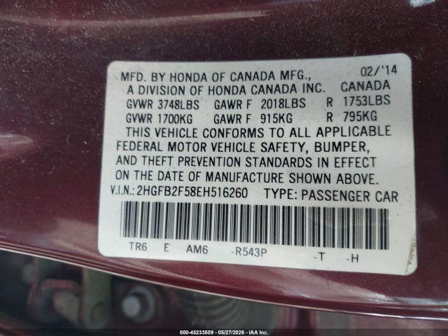 Продаж на аукціоні авто 2014 Honda Civic Lx, vin: 2HGFB2F58EH516260, номер лоту: 45233509