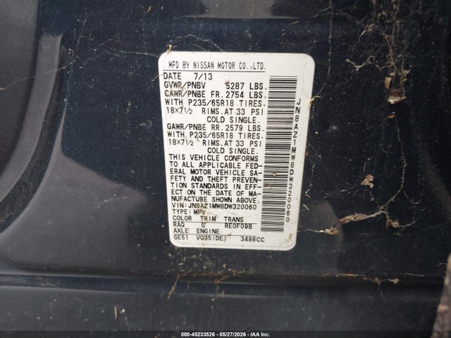 2013 Nissan Murano Sl მანქანა იყიდება აუქციონზე, vin: JN8AZ1MW8DW320060, აუქციონის ნომერი: 45233526