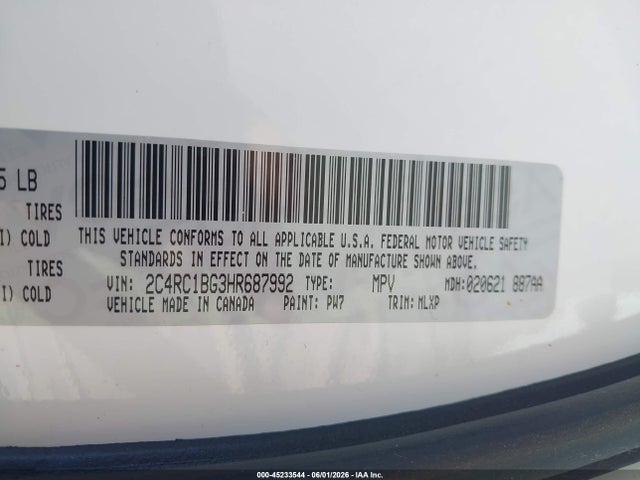 45233544 :رقم المزاد ، 2C4RC1BG3HR687992 vin ، 2017 Chrysler Pacifica Touring-l مزاد بيع