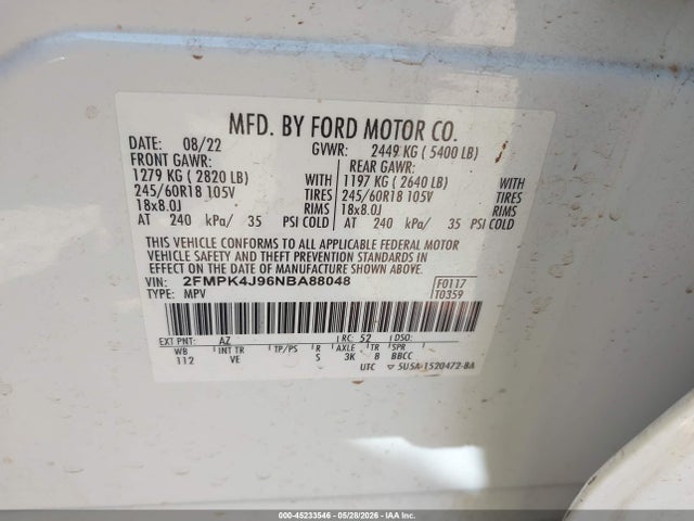 Aukcja sprzedaży 2022 Ford Edge Sel, vin: 2FMPK4J96NBA88048, numer aukcji: 45233546