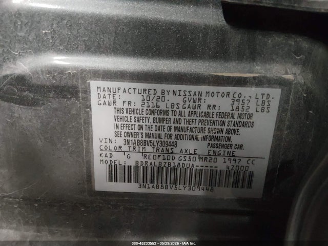 Продажа на аукционе авто 2020 Nissan Sentra S Xtronic Cvt, vin: 3N1AB8BV5LY309448, номер лота: 45233552