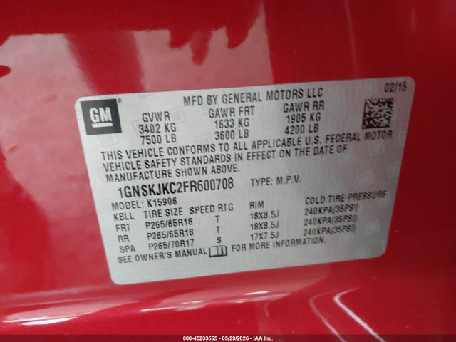 Aukcja sprzedaży 2015 Chevrolet Suburban 1500 Lt, vin: 1GNSKJKC2FR600708, numer aukcji: 45233555