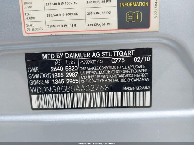 45233562 :رقم المزاد ، WDDNG8GB5AA327681 vin ، 2010 Mercedes-benz S 550 4matic مزاد بيع