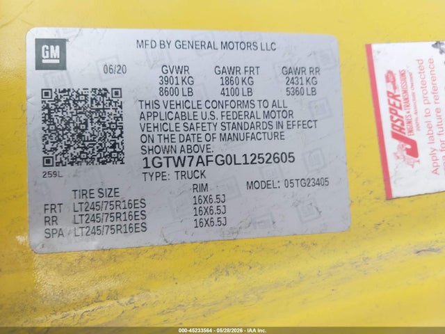 Auction sale of the 2020 Gmc Savana Cargo Rwd 2500 Regular Wheelbase Work Van, vin: 1GTW7AFG0L1252605, lot number: 45233564