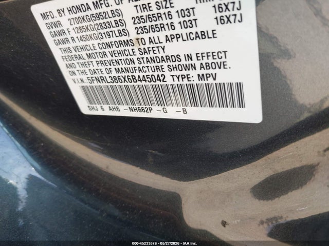 Продажа на аукционе авто 2006 Honda Odyssey Ex-l, vin: 5FNRL386X6B445042, номер лота: 45233576