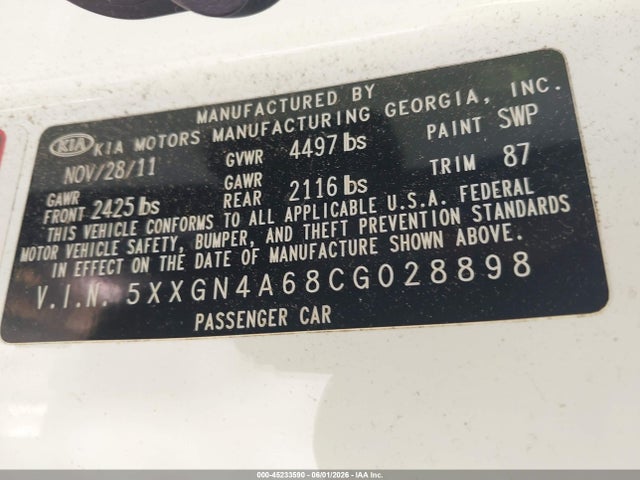 Продажа на аукционе авто 2012 Kia Optima Ex Turbo, vin: 5XXGN4A68CG028898, номер лота: 45233590