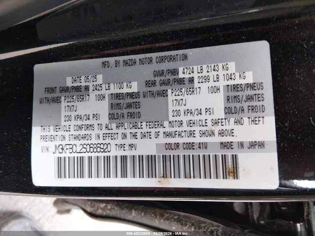 Aukcja sprzedaży 2025 Mazda Cx-5 2.5 S Preferred, vin: JM3KFBCL2S0686920, numer aukcji: 45233595