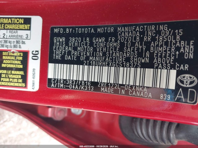 Aukcja sprzedaży 2016 Toyota Corolla Le Plus, vin: 2T1BURHEXGC518375, numer aukcji: 45233599