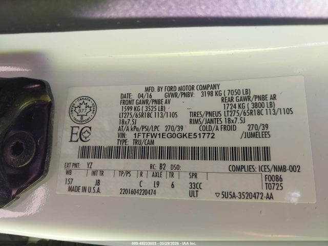 2016 Ford F-150 Xlt მანქანა იყიდება აუქციონზე, vin: 1FTFW1EG0GKE51772, აუქციონის ნომერი: 45233603