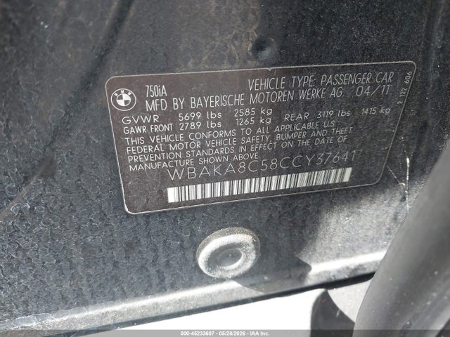 Продаж на аукціоні авто 2012 Bmw 750i, vin: WBAKA8C58CCY37641, номер лоту: 45233607