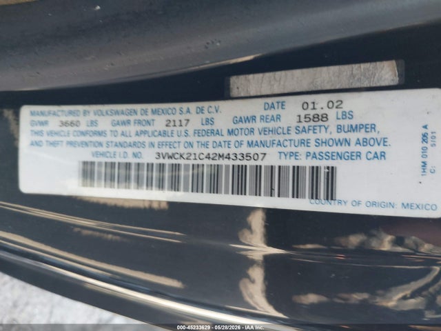 Aukcja sprzedaży 2002 Volkswagen New Beetle Gls, vin: 3VWCK21C42M433507, numer aukcji: 45233629