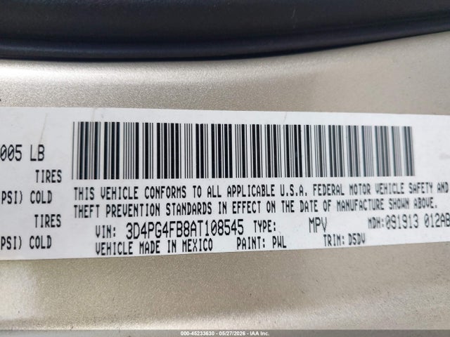 45233630 :رقم المزاد ، 3D4PG4FB8AT108545 vin ، 2010 Dodge Journey Se مزاد بيع