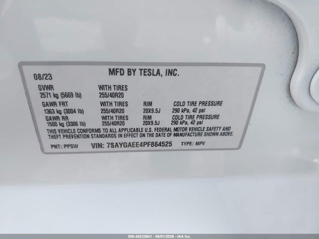 45233641 :رقم المزاد ، 7SAYGAEE4PF864525 vin ، 2023 Tesla Model Y Awd/long Range Dual Motor All-wheel Drive مزاد بيع