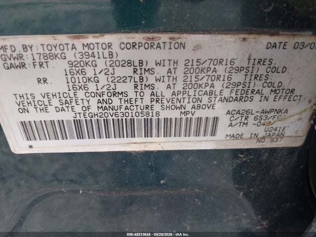 45233645 :رقم المزاد ، JTEGH20V630105818 vin ، 2003 Toyota Rav4 مزاد بيع