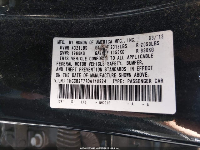 2013 Honda Accord Ex მანქანა იყიდება აუქციონზე, vin: 1HGCR2F77DA140924, აუქციონის ნომერი: 45233648