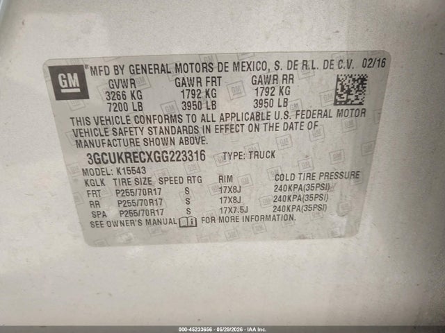 Продажа на аукционе авто 2016 Chevrolet Silverado 1500 1lt, vin: 3GCUKRECXGG223316, номер лота: 45233656