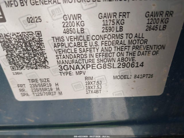 Продажа на аукционе авто 2025 Chevrolet Equinox Awd Lt, vin: 3GNAXPEG8SL290614, номер лота: 45233659