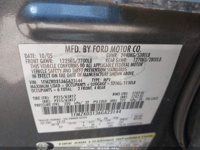 45233661 :رقم المزاد ، 1FMZK03136GA23144 vin ، 2006 Ford Freestyle Limited مزاد بيع