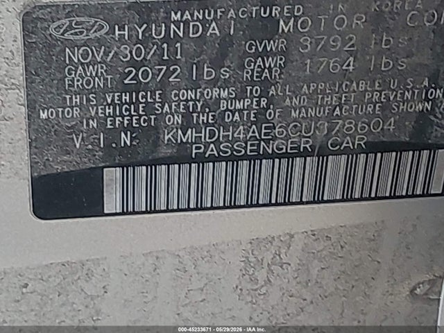 45233671 :رقم المزاد ، KMHDH4AE6CU378604 vin ، 2012 Hyundai Elantra Gls (ulsan Plant) مزاد بيع