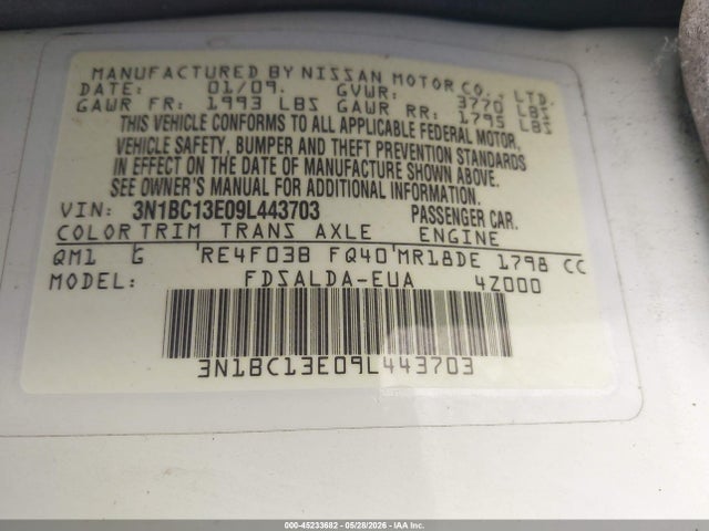 45233682 :رقم المزاد ، 3N1BC13E09L443703 vin ، 2009 Nissan Versa 1.8s مزاد بيع