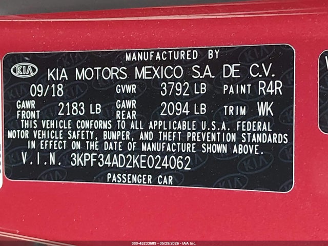 Продаж на аукціоні авто 2019 Kia Forte S, vin: 3KPF34AD2KE024062, номер лоту: 45233689