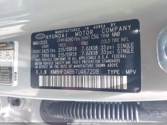 45233691 :رقم المزاد ، KM8HF3AB6TU467208 vin ، 2026 Hyundai Kona Sel Sport مزاد بيع