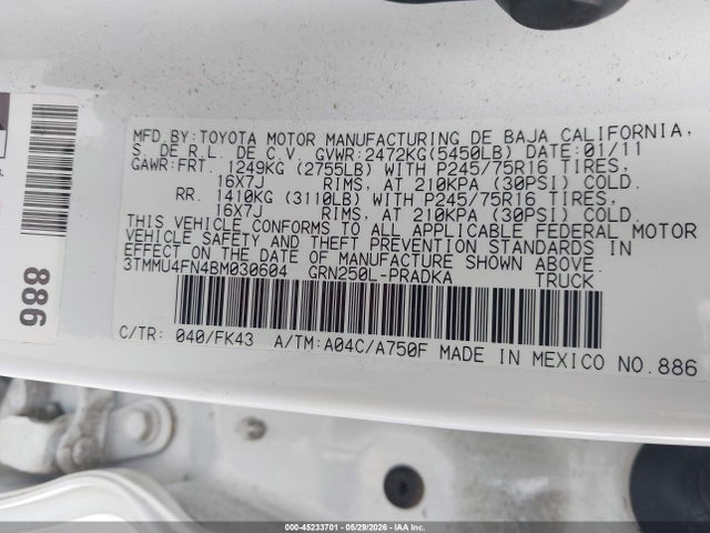 45233701 :رقم المزاد ، 3TMMU4FN4BM030604 vin ، 2011 Toyota Tacoma Base V6 مزاد بيع