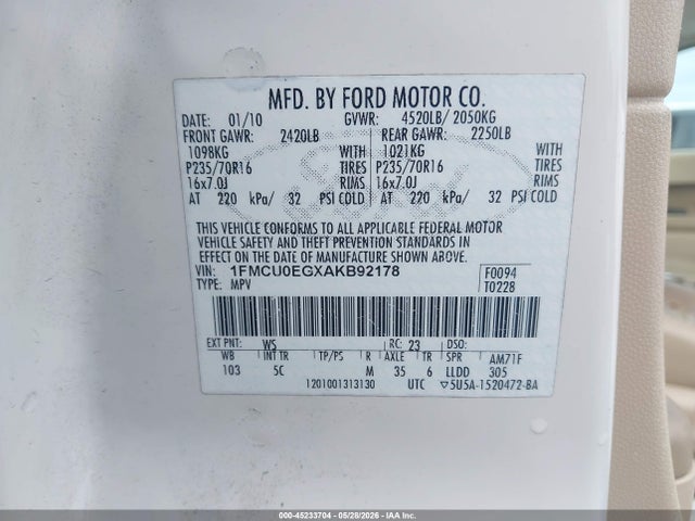 Продаж на аукціоні авто 2010 Ford Escape Limited, vin: 1FMCU0EGXAKB92178, номер лоту: 45233704