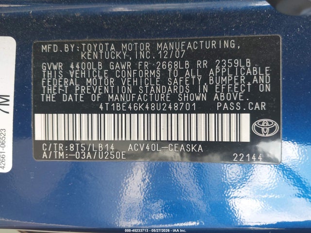 45233713 :رقم المزاد ، 4T1BE46K48U248701 vin ، 2008 Toyota Camry Se مزاد بيع