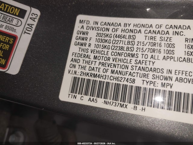 Продаж на аукціоні авто 2012 Honda Cr-v Lx, vin: 2HKRM4H31CH627458, номер лоту: 45233724