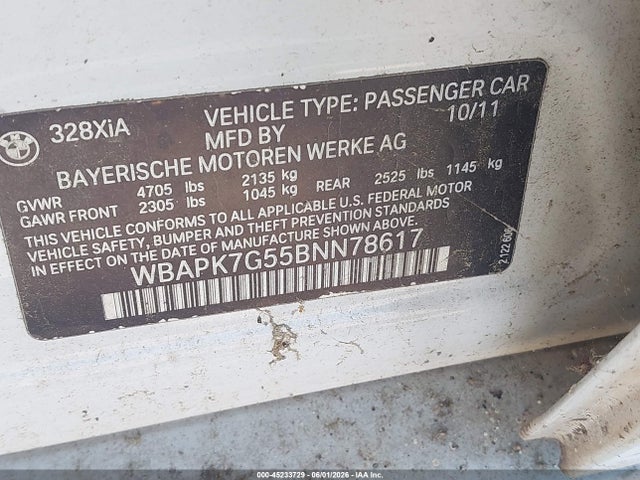 2011 Bmw 328i Xdrive მანქანა იყიდება აუქციონზე, vin: WBAPK7G55BNN78617, აუქციონის ნომერი: 45233729