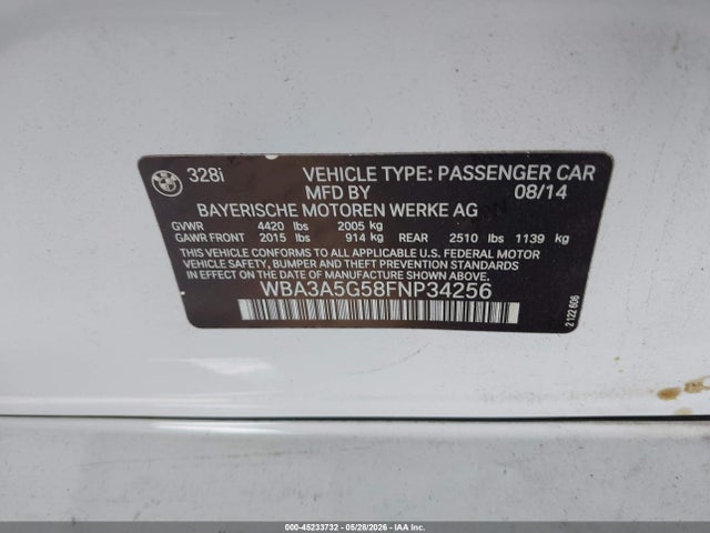 Aukcja sprzedaży 2015 Bmw 328i, vin: WBA3A5G58FNP34256, numer aukcji: 45233732