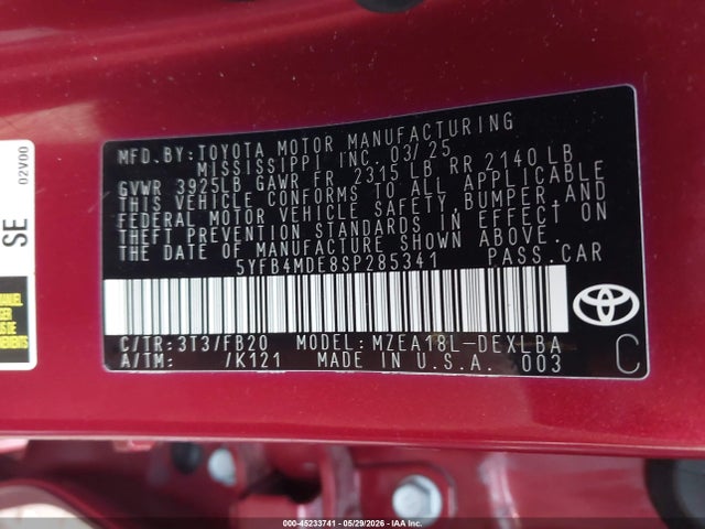 Aukcja sprzedaży 2025 Toyota Corolla Le, vin: 5YFB4MDE8SP285341, numer aukcji: 45233741
