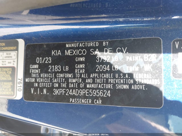 2023 Kia Forte Lxs მანქანა იყიდება აუქციონზე, vin: 3KPF24AD9PE595624, აუქციონის ნომერი: 45233743