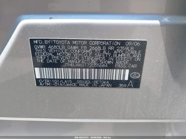 Aukcja sprzedaży 2007 Lexus Es 350, vin: JTHBJ46G172055684, numer aukcji: 45233751