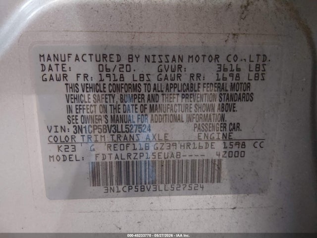3N1CP5BV3LL527524 Nissan Kicks S Xtronic Cvt