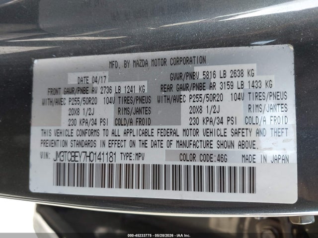 Продаж на аукціоні авто 2017 Mazda Cx-9 Signature, vin: JM3TCBEY7H0141181, номер лоту: 45233775
