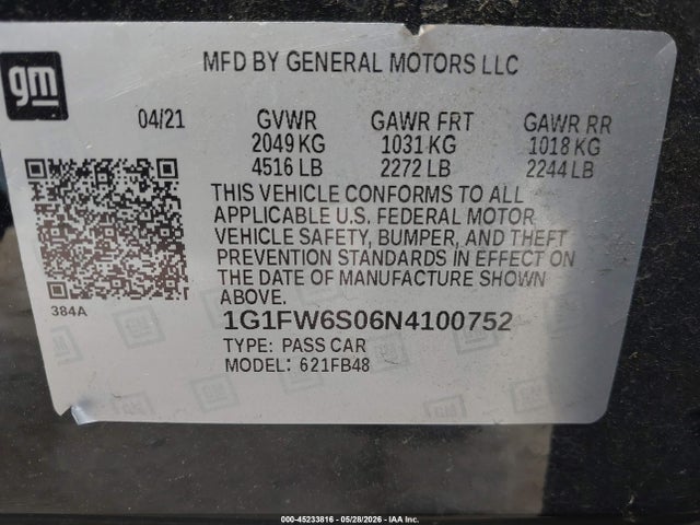 1G1FW6S06N4100752 Chevrolet Bolt Ev Fwd 1lt